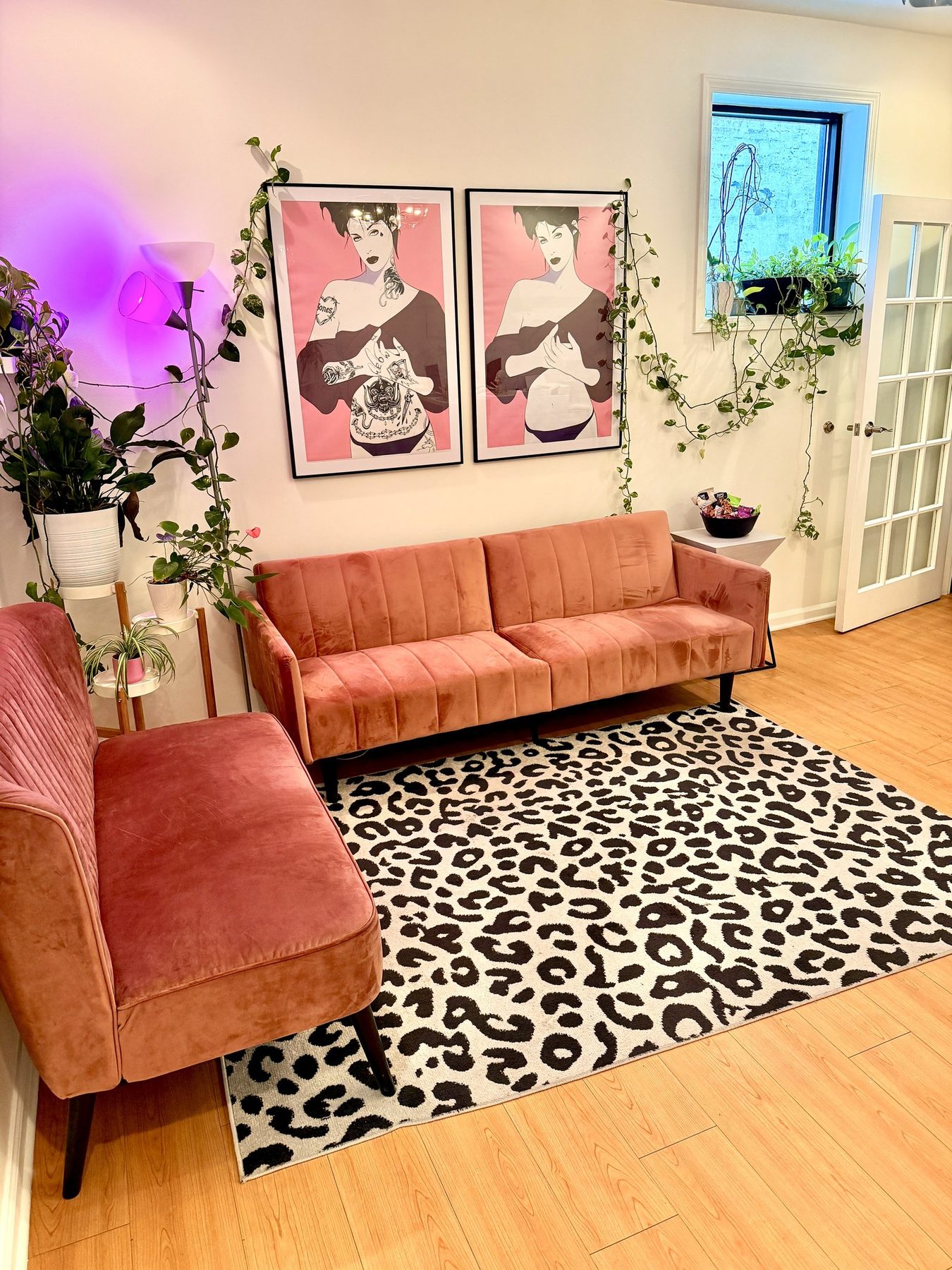 Goodbye Rhonda lounge and waiting area with pink couches